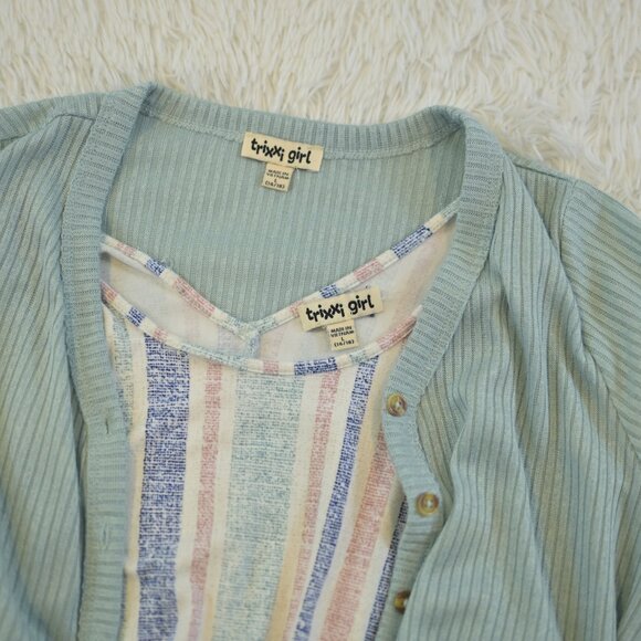 Girls 2-Piece Multi Color Strip Romper Pants Long Sleeve Button Sweater Size L - Picture 2 of 6